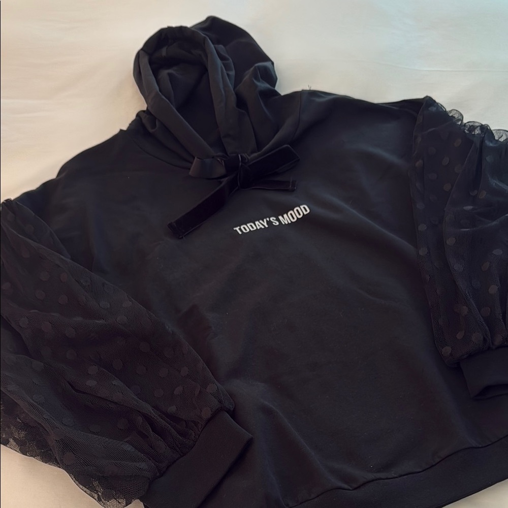 Black Hoodie with Sheer Polka Dot Sleeves